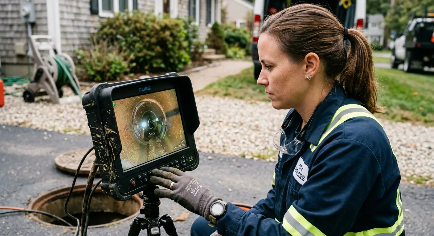 Technician reviewing sewer camera inspection footage in Lauderdale Lakes
