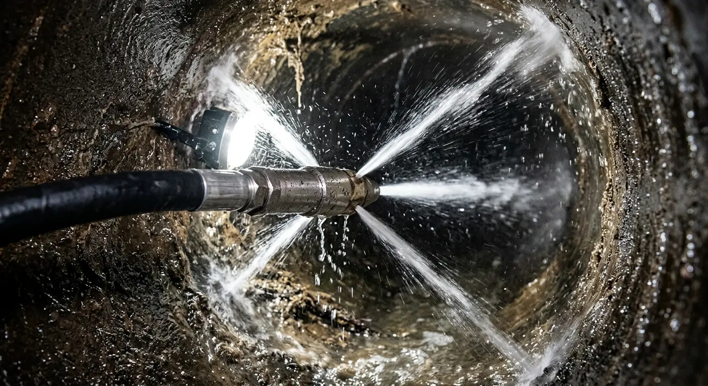 High-pressure hydro jetting nozzle cleaning sewer pipe for Emergency Drain Service in Lauderdale Lakes