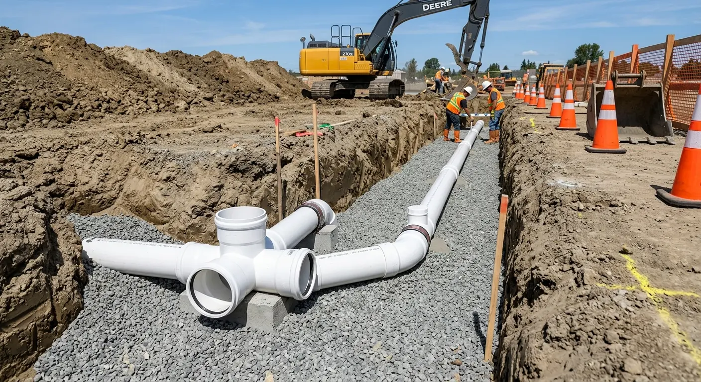 New PVC sewer pipe installation in open trench for Sewer Backup in Lauderdale Lakes
