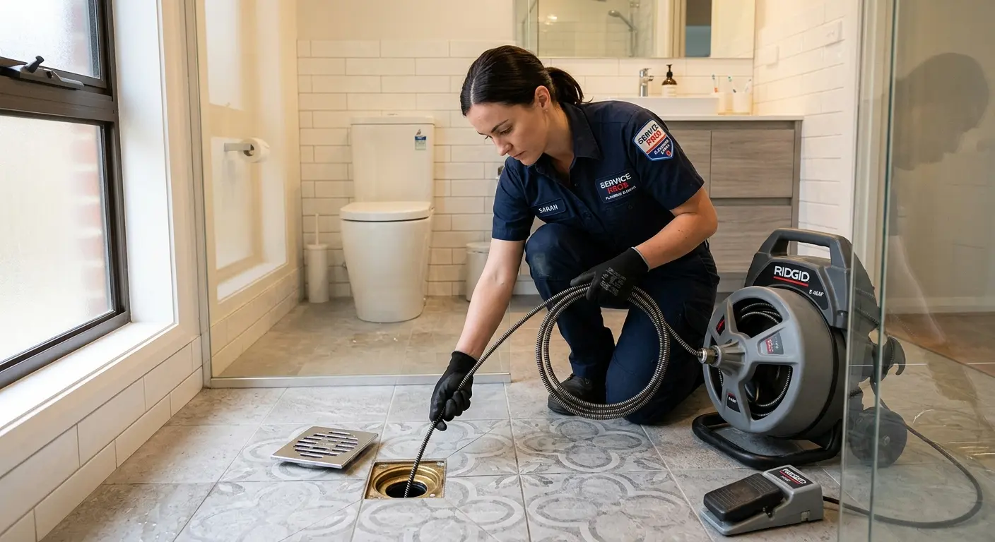 Technician clearing a bathroom floor drain for Sewer Line Replacement in Lauderdale Lakes